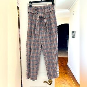 ANTHRO seersucker multi color pants w/tie belt paperbag waist sz-4! Super cute!